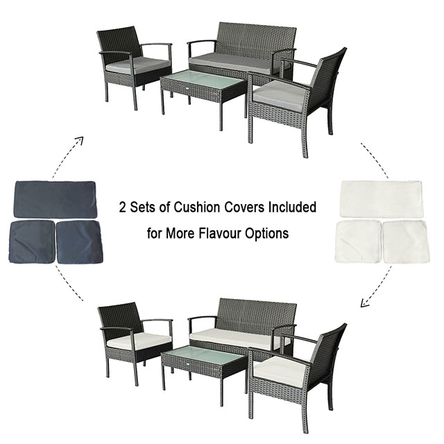 Patio Furniture Set With 4 Pcs In Black With White Cushions