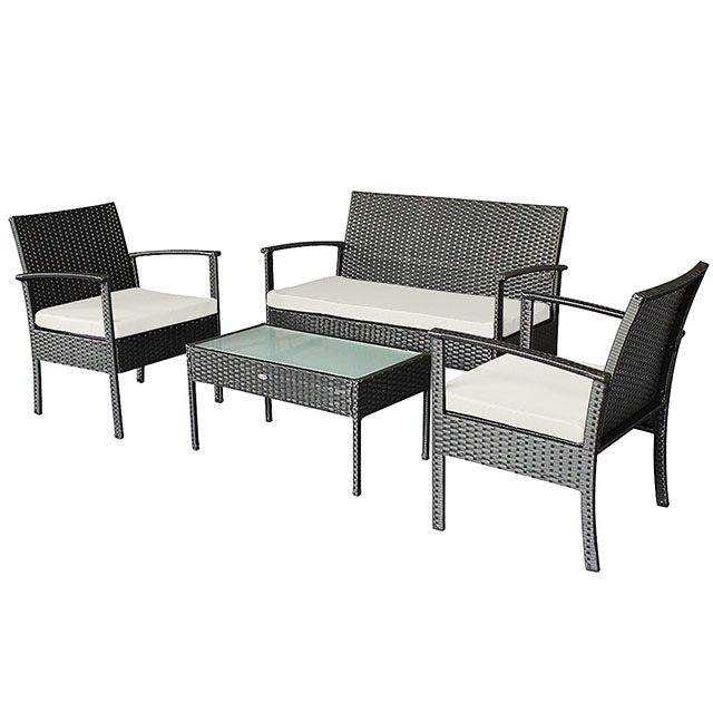 Patio Furniture Set With 4 Pcs In Black White Cushions